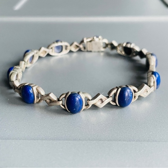 Vintage Art Deco Lapis Lazuli High Fashion Sterling Silver Bracelet - Picture 8 of 8